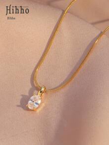 Hihho 1 件简约欧式椭圆形锆石蛇骨链吊坠项链，优雅女士吊坠项链 - 金黃色 - 查看 4