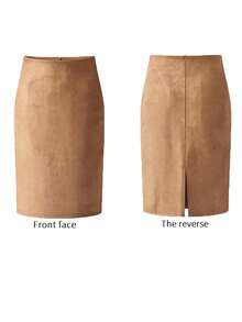 女士优雅通勤鹿绒拉链多功能A字半身裙，后开衩，无弹力，冬季款