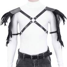 1 pieza Hombreras de plumas negras con correa de cuero para el pecho, disfraz de Halloween para hombres
