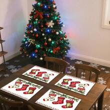 1pc/4pcs/6pcs/100pcs Christmas Stockings Pattern Placemats, Machine-Washed Rectangular Polyester Placemats, Table Protectors, Heat-Insulating Placemats, Restaurant Table Decorations, Party Supplies, Christmas Decorations, Can Be Given As Gift