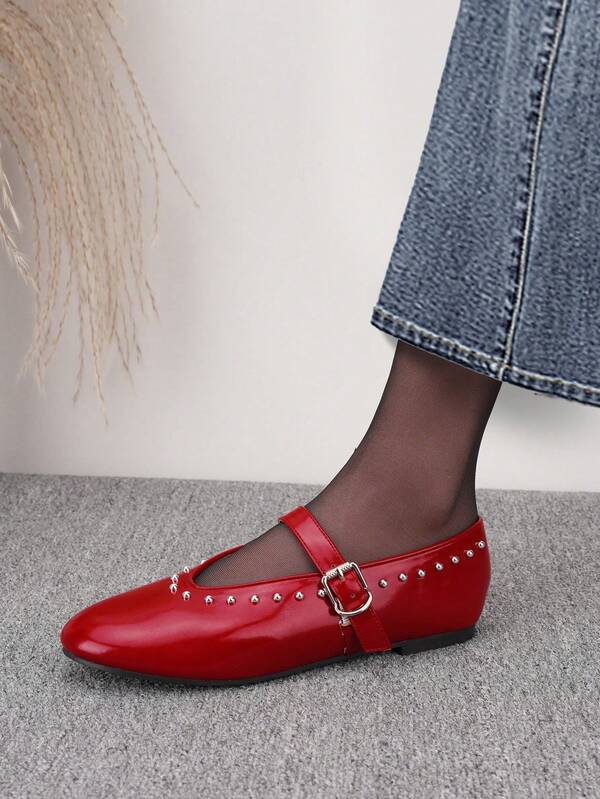 Women's New Round Toe Red Rivet Decor Mary Jane Ballet Flats, Casual Comfortable Versatile Flat Shoes, Suitable For Dresses, Commuting, Office Wear