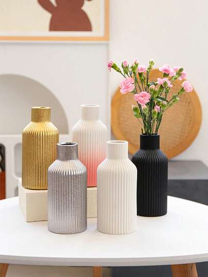 1pc Unique Fluffy Pampas Grass Gestreepte Ceramic Look Plastic Vase Moderne Minimalist Beige Tall Cylinder Tafel Centerpiece Room ation ative Living Wedding Home Flower Glass view 5