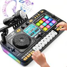طاولة خلط DJ للأطفال، طاولة خلط DJ للأطفال الصغار مع لوحة DJ وضع اللعبة والتحكم بالإضاءة والسرعة والميكروفون، هدايا للأولاد والبنات من عمر 3 إلى 6 سنوات - طقم خلط DJ للأطفال