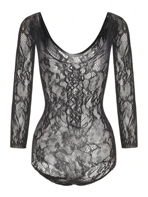 1 pieza Mono de manga larga con abertura delantera hueca para mujer de talla grande, mono sexy de jacquard, adecuado para el Día de San Valentín, Halloween, Navidad