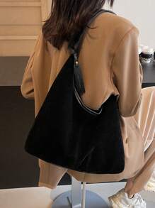 新款多功能麂皮单肩包，适合秋冬季节，时尚简约，饰有烫金Logo，高级轻便，适合大学生日常通勤和购物，轻巧便携。 - 黑色 - 查看 5