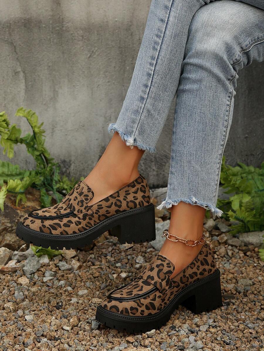 女士高跟鞋 女士粗跟方头鞋 女士圆头鞋 女士通勤鞋 女士豹纹高跟鞋 女士厚底乐福鞋 棕色豹纹女士高跟鞋