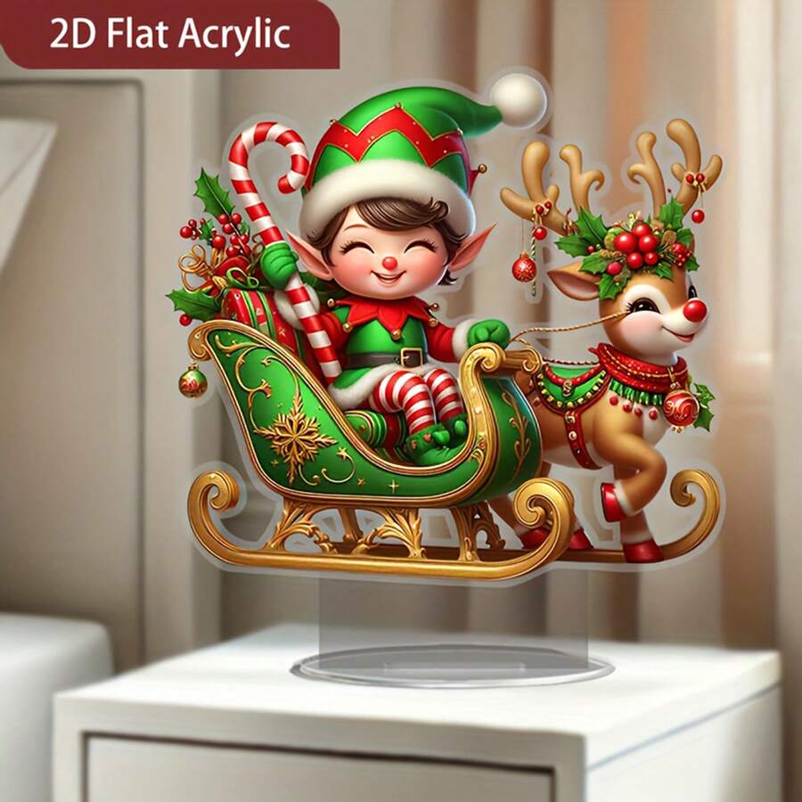 1pc 2D Flat Decorative Piece, Christmas Decor, Classic Fantasy Christmas Elf Sleigh And Reindeer Acrylic Desktop Decoration, Tabletop Display Stand, Suitable For Home, Office And Shelf Decor, Holiday Fantasy Design, Perfect Christmas Gift And Holiday Decoration Home Decor Christmas Decorations Room Decor