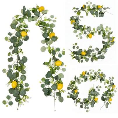 1 pieza Guirnalda artificial de vid de limón de 180 cm - Hojas artificiales de color verde brillante combinadas con limones amarillos, para colgar, decoración interior/exterior, perfecta para Acción de Gracias, Festival de la Cosecha, Navidad, Pascua, Día de la Madre, corona navideña