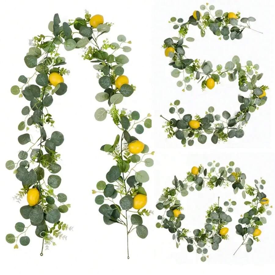 1 pieza Guirnalda artificial de vid de limón de 180 cm - Hojas artificiales de color verde brillante combinadas con limones amarillos, para colgar, decoración interior/exterior, perfecta para Acción de Gracias, Festival de la Cosecha, Navidad, Pascua, Día de la Madre, corona navideña
