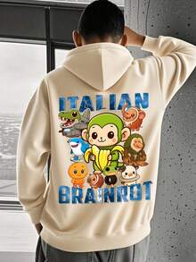 1 件青少年男孩卡通风格趣味动物印花连帽运动衫，舒适有弹性，春秋季日常休闲装