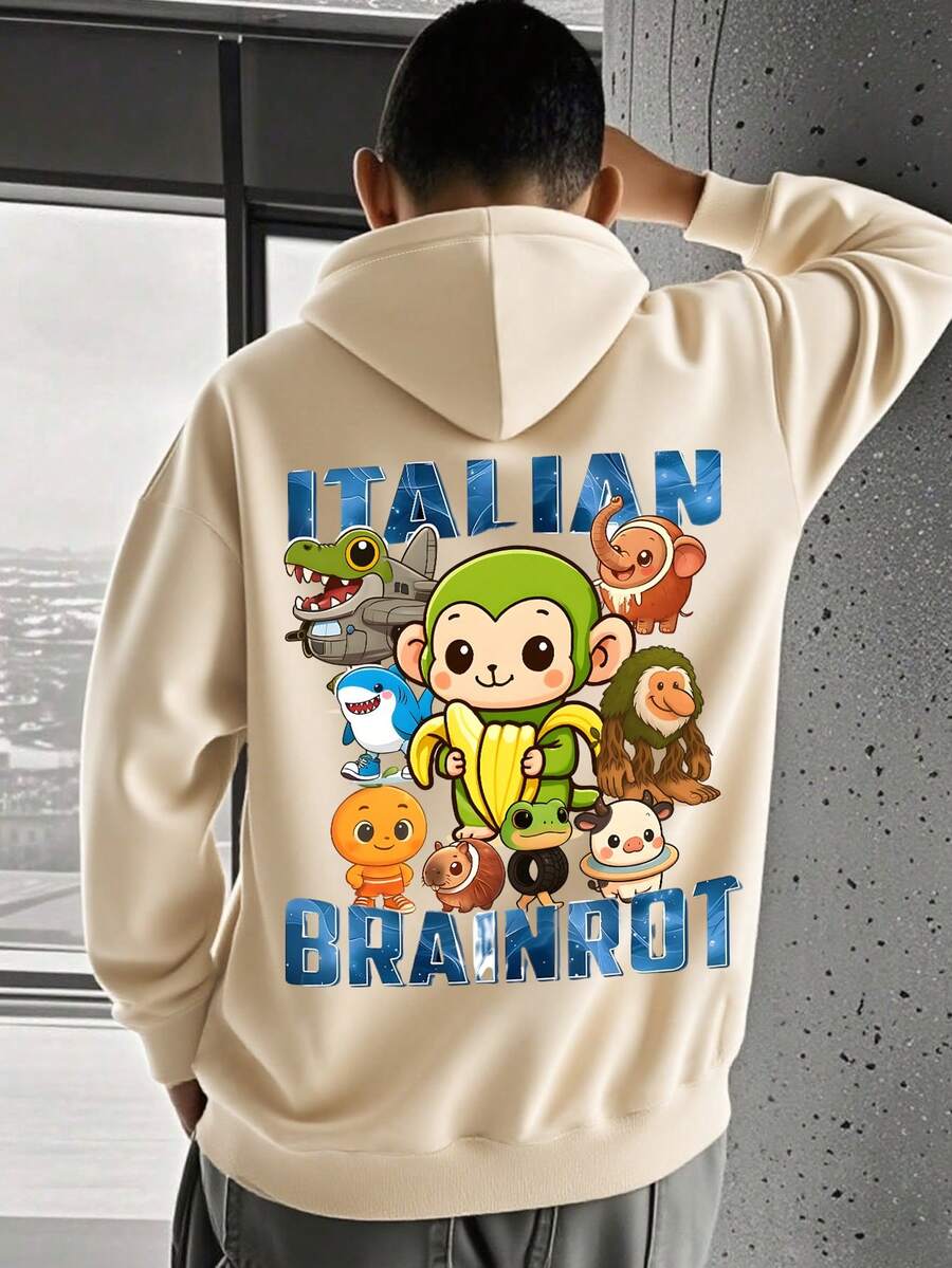 1 件青少年男孩卡通风格趣味动物印花连帽运动衫，舒适有弹性，春秋季日常休闲装