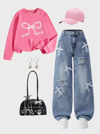 2pcs/Set Tween Girl Sweet Bow Print Top & Custom Ripped Denim Pants With 3D Bow Decor, Long Sleeve Outfit, Autumn/Winter New Arrival