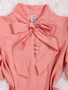 Women's Formal Blouse With Short Puff Sleeves And Bow No. 8 - 淺粉色 - 查看 2