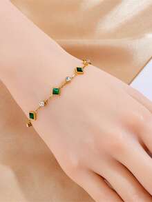Set Of Luxury Fashion Gold-Plated Stainless Steel Square Emerald & Rhinestone Decor Minimalist Necklace & Bracelet Jewelry Set, Suitable For Daily Wear And Gift Giving - Yellow Gold - View 5