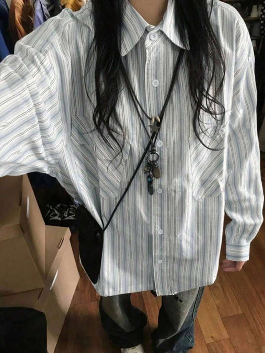 2025春秋款条纹休闲百搭女士长袖纽扣衬衫