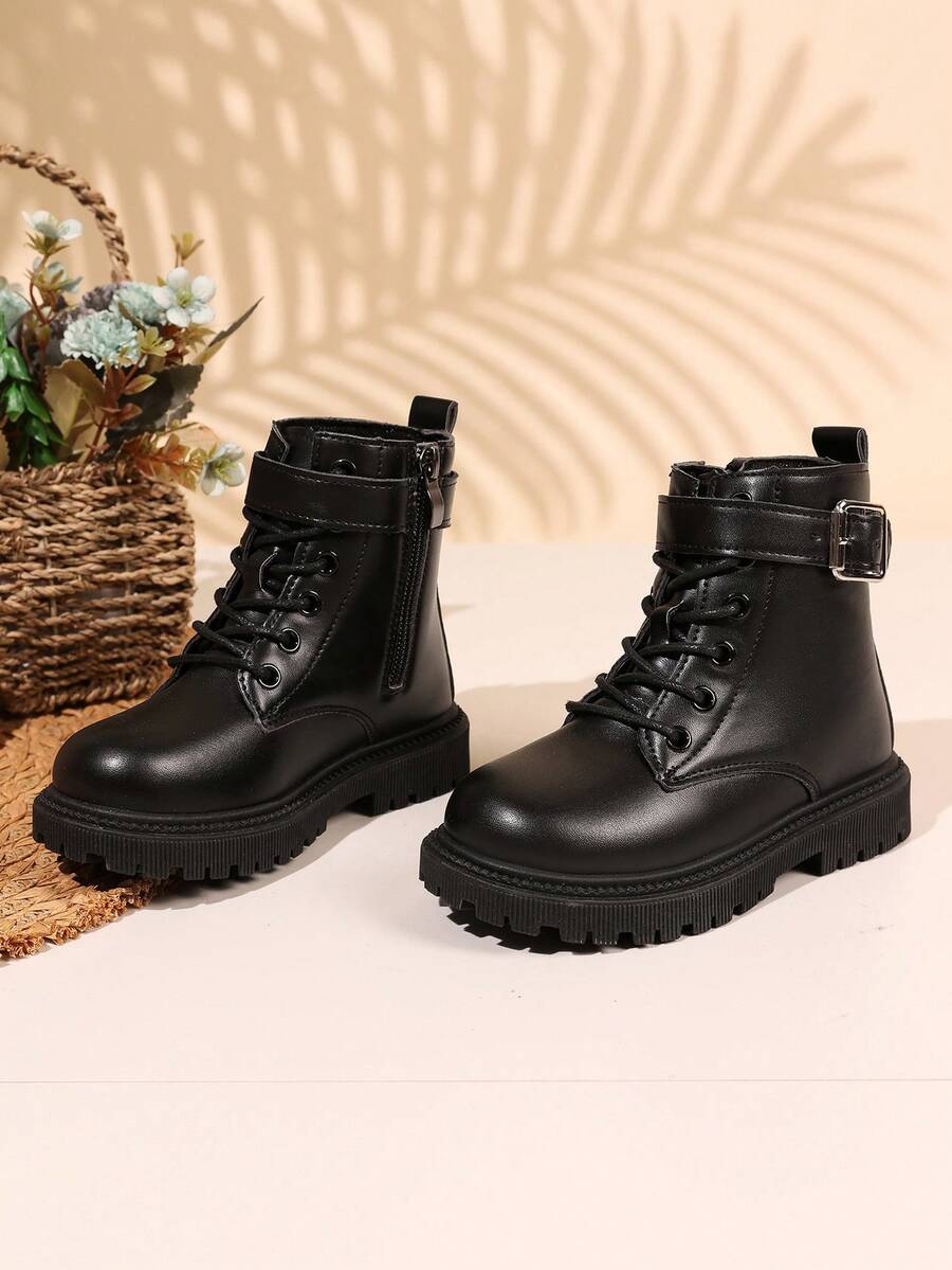 1 Pair Matte Black Lace-Up Round Toe Soft Flat Non-Slip Comfortable Mid-Calf Boots For Kids Aged 3-12, Autumn/Winter New Arrival - Black - View 1