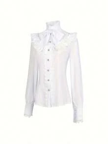 Women Elegant Frill High Neck Contrast Lace Ruffle Trim Blouse - White - View 3
