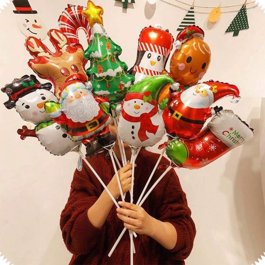 10 个随机迷你圣诞铝箔气球 - 姜饼人、圣诞树、圣诞老人、雪人、拐杖糖、驯鹿、企鹅、铃铛气球 - 非常适合圣诞节、生日、舞会、气氛派对装饰、圣诞礼物 - 彩色 - 查看 1