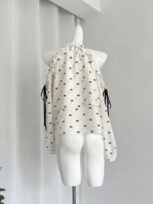 露肩宽松蝴蝶印花短款长袖上衣，少女风 - 杏色 - 查看 6