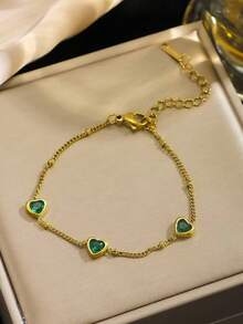 1pc Elegant Stainless Steel Bracelet With Green Heart Pendant - Women's Fashion Accessory For Daily Wear And Parties, Mother's Gift, Women's Gift, Great For Gifting