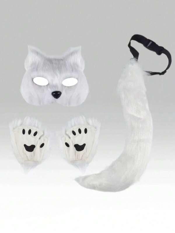 3 Pieces Of Funny Halloween Gift Cosplay Set, Cute Fox Mask, Plush Gloves, Sexy Style Fox Wolf Tail Three Pieces Set, Suitable For Various Festival Parties, Dance Parties, And Role-Playing Props.