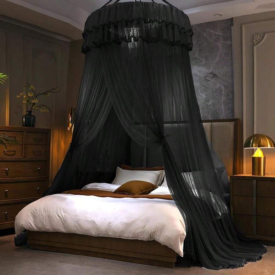 Kertnic Mosquito Net Bed Canopy For Girls Princess Canopy Bed Curtain Fine Sheer Mesh Dome Bed Canopies Adults Lace Tent For Twin Full Queen King Bed Black - 黑色 - 查看 1