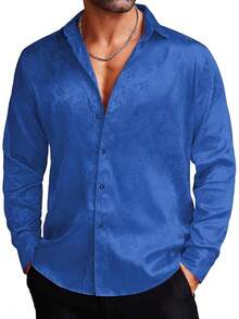 Men's Silk Satin Dress Shirts Jacquard Long Sleeve Floral Button Up Shirts Party Prom Wedding Shirthalloween - Hoa hồng xanh Jacquard - Xem 1