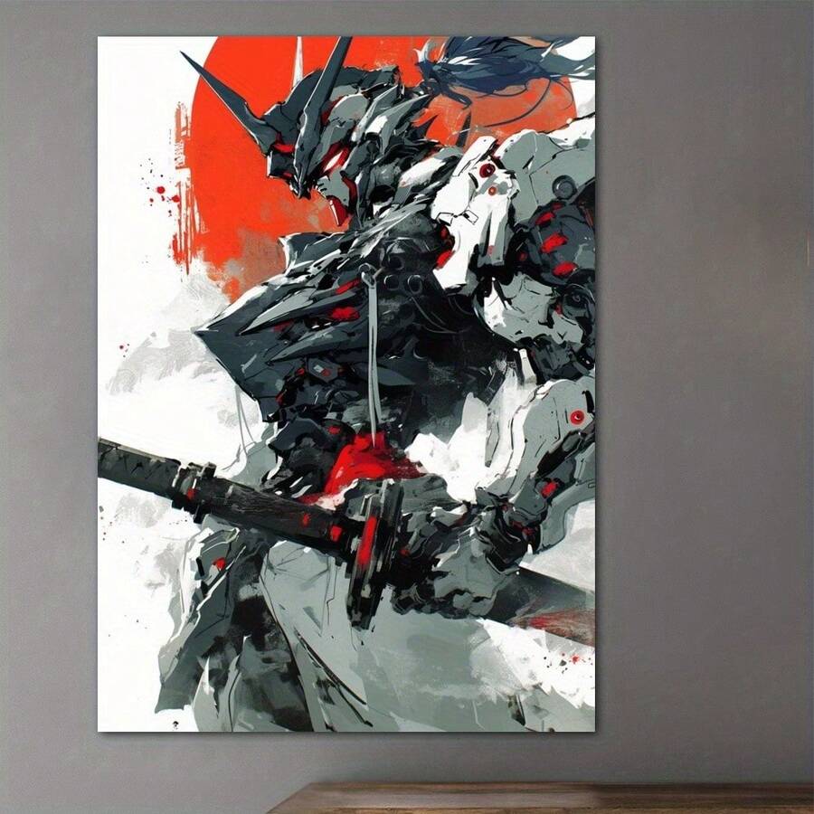 Stampa su tela di un guerriero d'anime - Stampa di alta qualità, design futuristico di un samurai con accenti rossi, perfetto per la decorazione di casa e ufficio, regalo ideale per gli appassionati di animazione, soggiorno, camera da letto, cucina, decorazione della stanza degli anime - Multicolore - Visualizzare 1