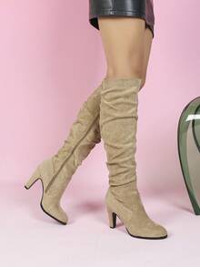 2024 Autumn/Winter New Round Toe High Heel Side Zipper Knee-High Boots, Thick Heel Tall Elastic Riding Boots For Women - Apricot - View 5