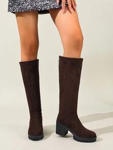 Women's Fashion Casual Comfortable Chunky Heel Side Zipper Knee-High Riding Boots, Pointed Toe - Coffee Brown - View 3