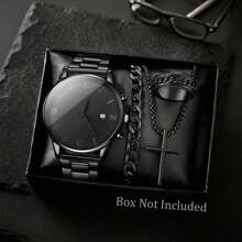 4 件套黑色十字链手链戒指男士商务正装珠宝套装，石英表 + 手链 + 项链 + 手表 4 件套礼品套装