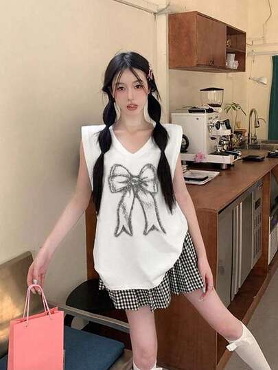 Solid Color Bow Print V-Neck Sleeveless Long Loose Casual Women Tank Top (Random Print)