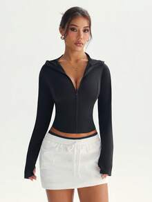 女式黑色纹理面料拉链长袖简约时尚拇指孔连帽针织运动夹克 - 黑色 - 查看 2