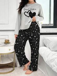 Plus Size Women Gray Long Sleeve Top & Pants Pajama Set With Heart Print, Winter Clothes
