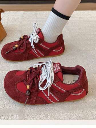 Women's Round Toe Lace-Up Patchwork Retro Casual Sneakers, Lightweight Breathable Flat Comfortable, Fashion Versatile Fitness Travel Hiking Shoes, Spring/Autumn 2025 New