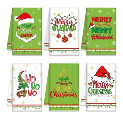 6pcs Green Christmas Kitchen Towel, Merry Christmas, Used For Cooking, Baking, And Cleaning During Winter Holidays. They Are Soft And Comfortable, With Strong Water Absorption, Suitable For Home And Kitchen Decoration In Autumn And Winter, And Can Be Given As Gifts Home Decor Christmas Decorations Room Decor