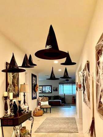 12PCS Halloween Hat, Black Hanging Hat, Costume Accessories Hat With Nylon Rope Wizard Hat Indoor Outdoor Halloween Decorations For Home Yard Porch Ceiling