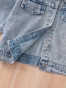 1pc Girls Classic Casual Street Style Light Blue Denim Long Sleeve Snowflake Denim Jacket, Autumn/Winter New Arrival - Light Wash - View 8