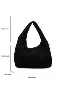 2025新款黑色灯芯绒面料手提包，大容量纯色单肩包，休闲日系托特包，百搭大学生书包，简约时尚手提包，轻便可折叠旅行包，带拉链口袋