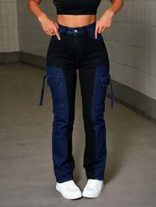 Pantalones vaqueros de tiro alto con combinación de colores y múltiples bolsillos, estilo utilitario y vanguardista - Negro - Ver 2