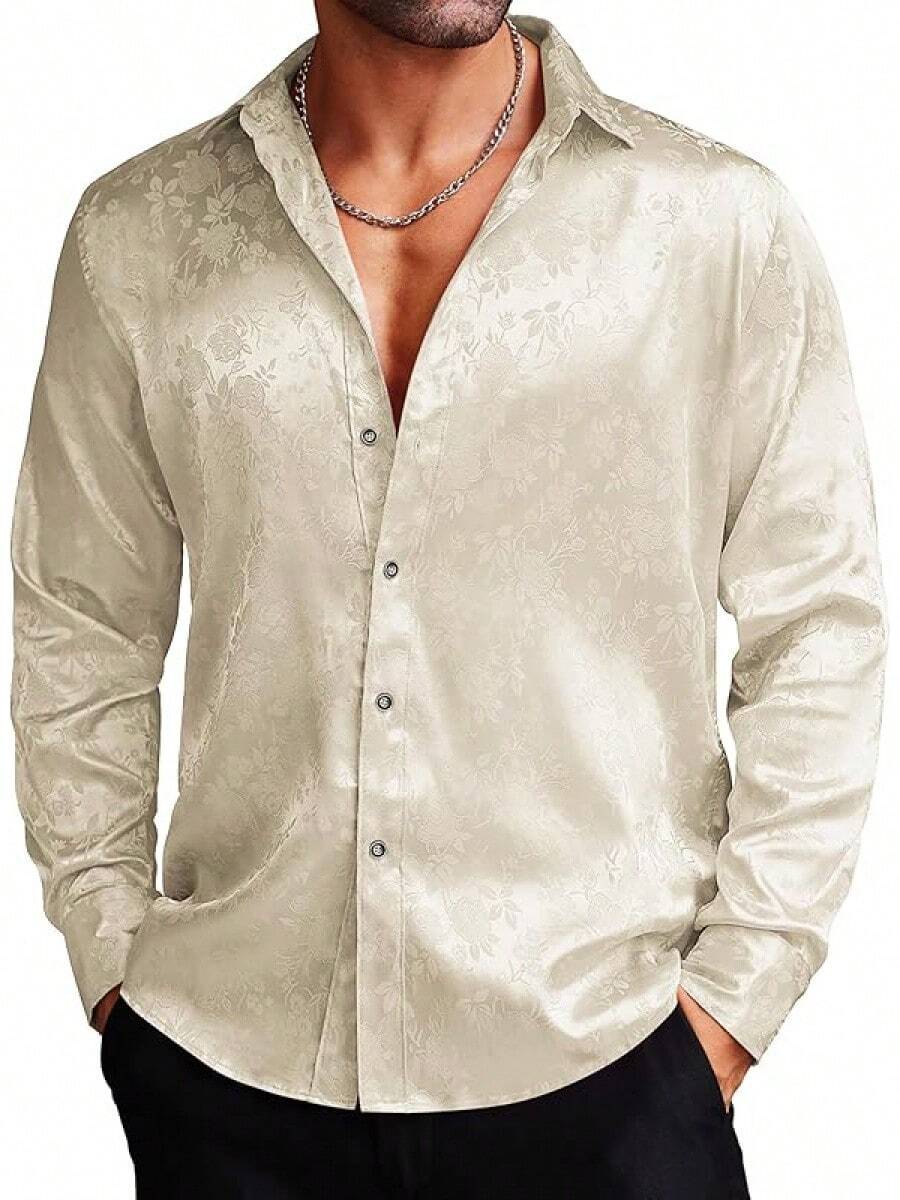 Men's Silk Satin Dress Shirts Jacquard Long Sleeve Floral Button Up Shirts Party Prom Wedding Shirthalloween - Màu be - Xem 1