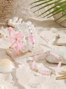 6PCS Cute Simulated Pearls Crystal Pink White Bowknot Beaded Bracelets Set For Girls Accessories Friendship Jewelry Party