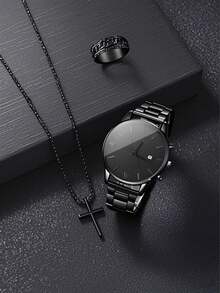 4 件套黑色十字链手链戒指男士商务正装珠宝套装，石英表 + 手链 + 项链 + 手表 4 件套礼品套装