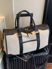 大容量极简旅行手提包，时尚撞色波士顿单肩包，休闲百搭，可单肩背或斜挎，黑/棕色配米色，旅行、度假必备，女士 - 黑色 - 查看 4