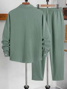 Men's Solid Color Textured Fabric Comfortable Breathable Material Turndown Collar Full Zip Contrast Button Design Long Sleeve Pants 2 Pieces Set, Suitable For Daily Casual, Fashion Minimalist, Beach Resort, Light Business, Multi-Occasion, Spring/Autumn Long Sleeve Pants 2 Pieces Set