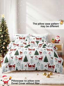 3pcs/Set Christmas Bow Reindeer Christmas Tree Print Duvet Cover Set(1 Duvet Cover & 2 Pillowcase)Soft And Skin-Friendly Duvet Cover Bedding Set For Home, All Season Bed Sheets Set Christmas Gift