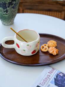 1pc Korean Ins-Style Hand-Painted Ceramic Coffee Cup & Saucer Set, Asymmetrical Cup Body With Cherry & Strawberry Pattern, Practical Ceramic Drinkware For Office, Casual, Breakfast, Afternoon Tea