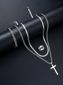 High Quality Stainless Steel Cross Necklace, Cross Ring, A Variety Of Combination Sets, Non-Allergenic, Non-Fading, Suitable For Men, Women, Couples, Casual Fashion Holiday Dating Gifts, Daily Street Party Accessories