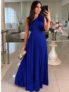 One-Shoulder Long Dress With 3D Flower – Elegance And Sophistication - Blue - View 1