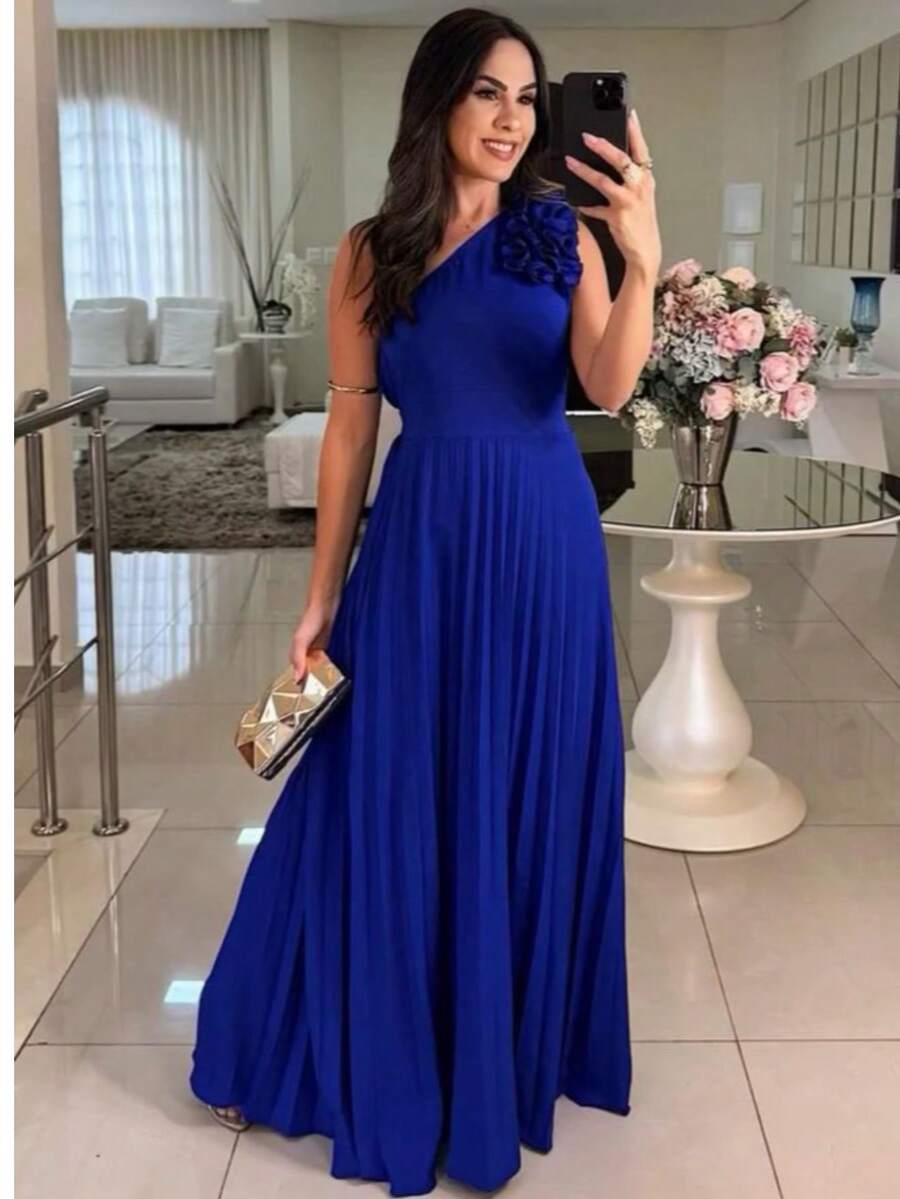 One-Shoulder Long Dress With 3D Flower – Elegance And Sophistication - Blue - View 1